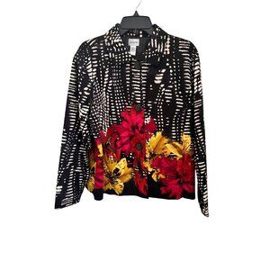 Chicos Black Floral Print Button-Up Jacket Size 3 (14/16) XL Artsy Officecore